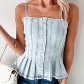 BXOXO Women Y2K Vintage Camisole Sleeveless Pleated Button Closure Solid Slim Fit Denim Top Summer Vest Retro Streetwear